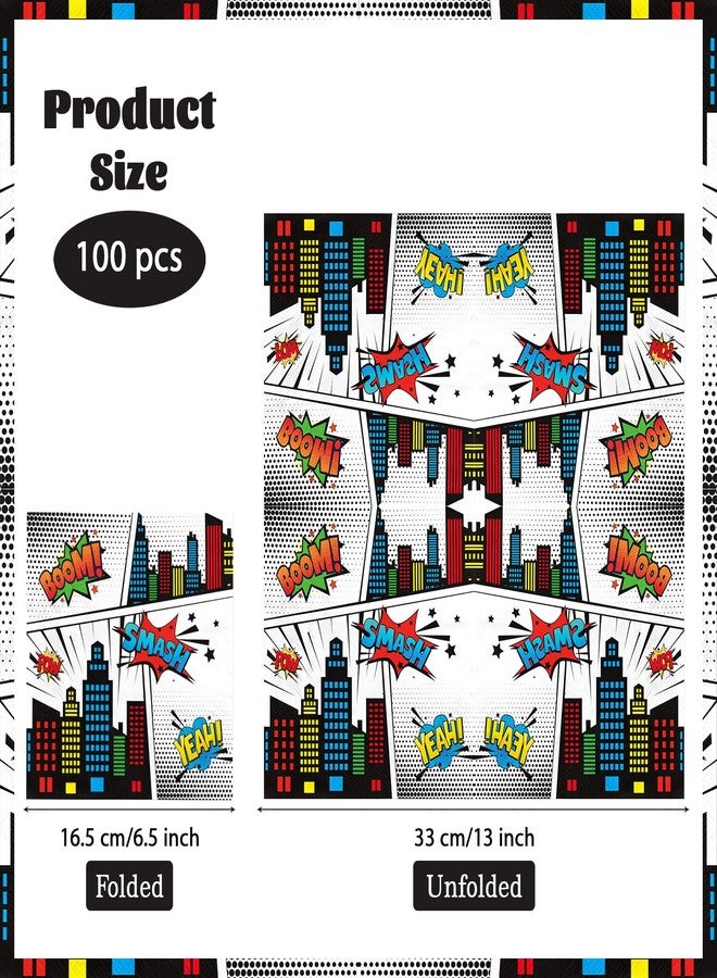 Grencian 100 Pcs Super Theme Hero Square Napkins Disposable White Comic Hero Paper Napkins Hero's Action Sign Cityscape Cocktail Napkin for Kids Baby Shower Spider Party Decorations Supplies - Image 2